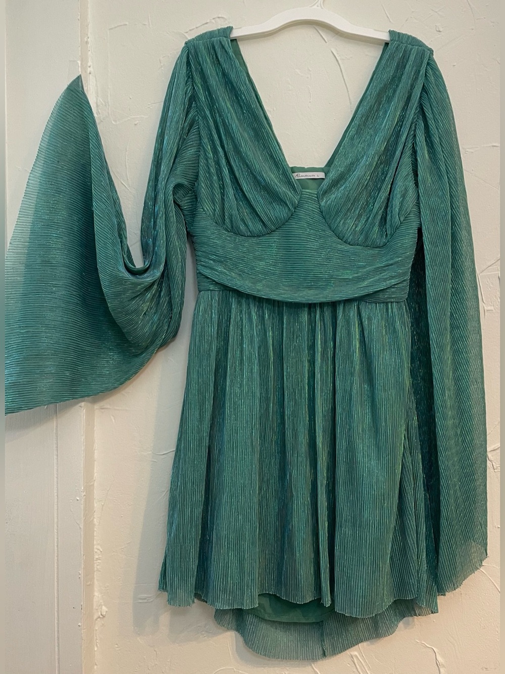 Teal Shimmer Fairycore Mini Dress with Sheer Flowy Sleeves | size large